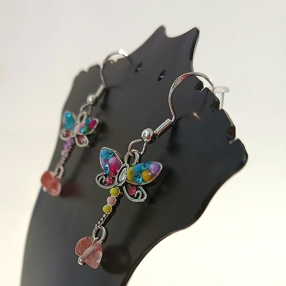 Pink and Blue Dragonfly Dangle Earrings - Picture 2 of 4